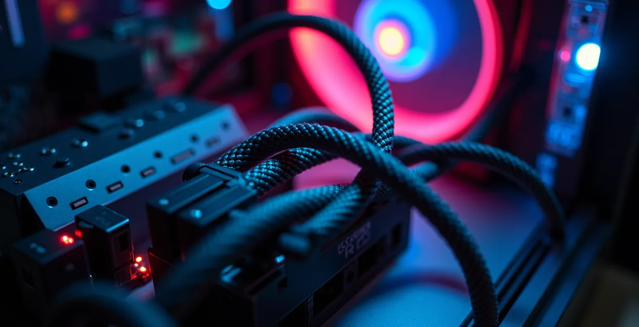 Câbles modulaires parfaitement organisés dans un boîtier PC compacte avec un flux d'air visible et optimisé.