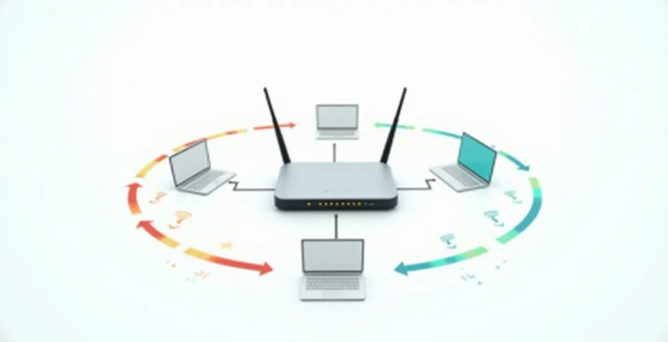 Schéma montrant comment un ancien appareil Wi-Fi 802.11g impacte les performances d'un réseau moderne avec d'autres appareils plus récents