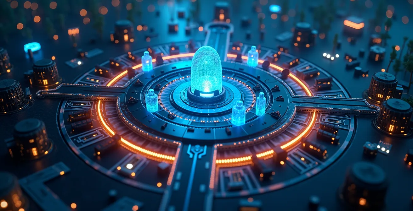 Représentation métaphorique d'un écosystème de sécurité informatique complet avec pare-feu, antivirus et outils de protection