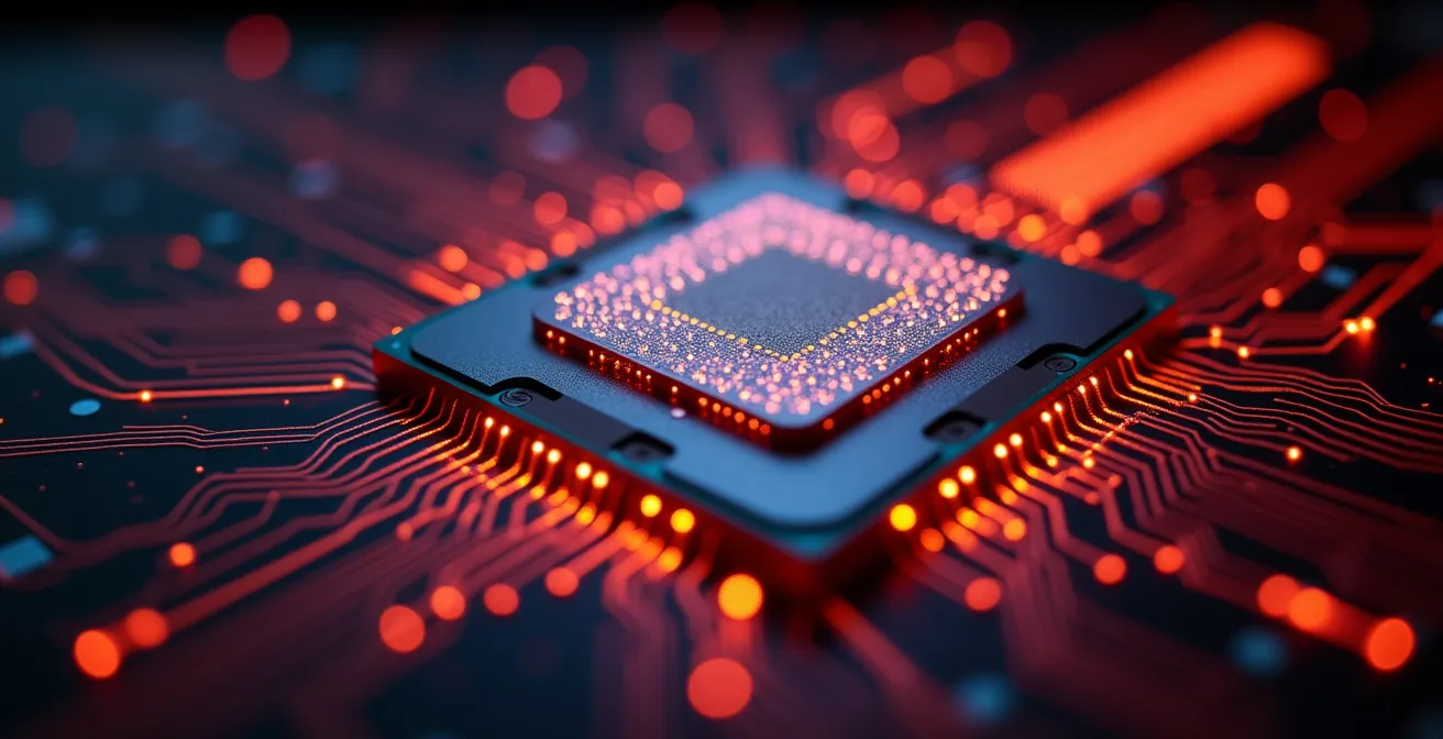 Schéma détaillé montrant l'empilement vertical de la mémoire cache 3D V-Cache sur un processeur AMD et l'amélioration des performances de jeu