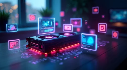 Illustration symbolique montrant une carte graphique moderne entourée d'éléments créatifs comme une palette graphique, une timeline de montage vidéo et des effets visuels IA