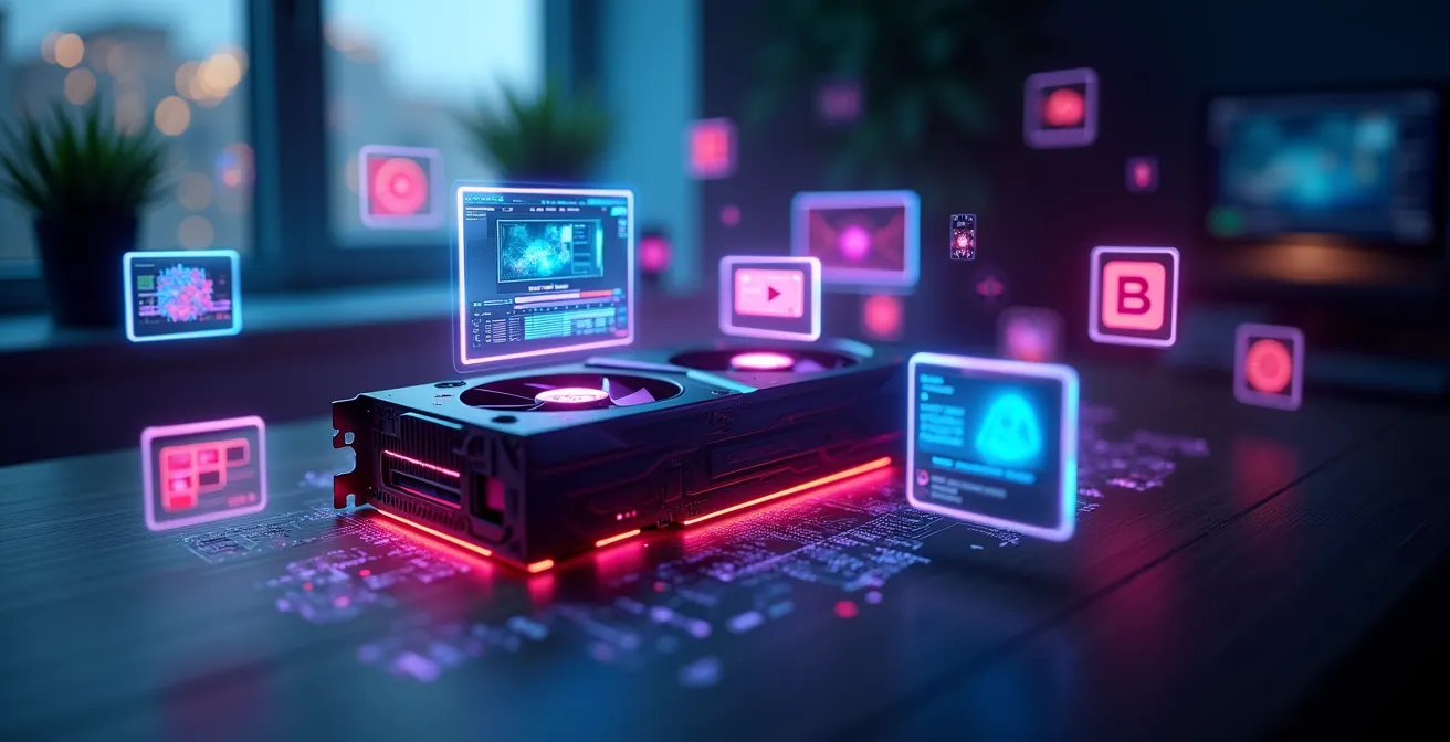 Illustration symbolique montrant une carte graphique moderne entourée d'éléments créatifs comme une palette graphique, une timeline de montage vidéo et des effets visuels IA