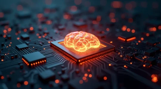 Vue artistique d'un processeur d'ordinateur évoquant le cerveau humain avec des circuits électroniques lumineux et dynamiques