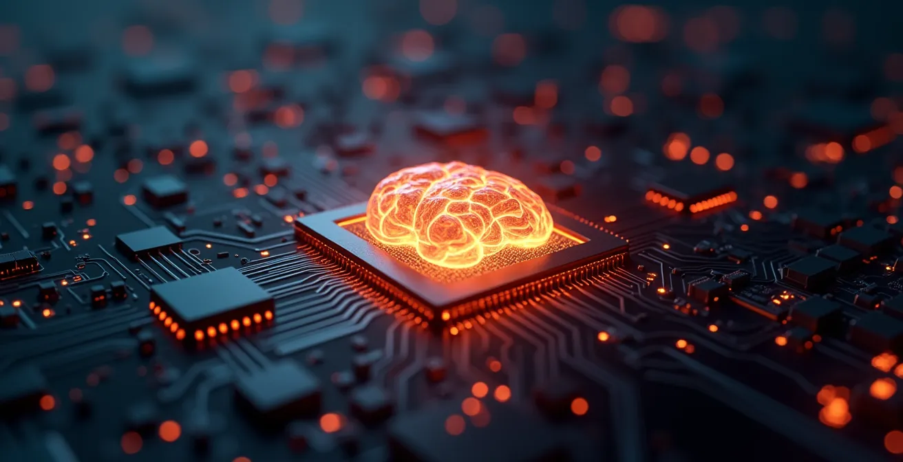 Vue artistique d'un processeur d'ordinateur évoquant le cerveau humain avec des circuits électroniques lumineux et dynamiques