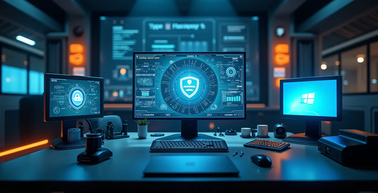 Concept d'un cockpit numérique moderne avec interfaces de différents systèmes d'exploitation et utilitaires essentiels