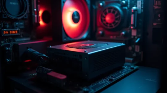 Unité d'alimentation PC entourée de composants informatiques avec un éclairage doux mettant en valeur la stabilité et la protection.