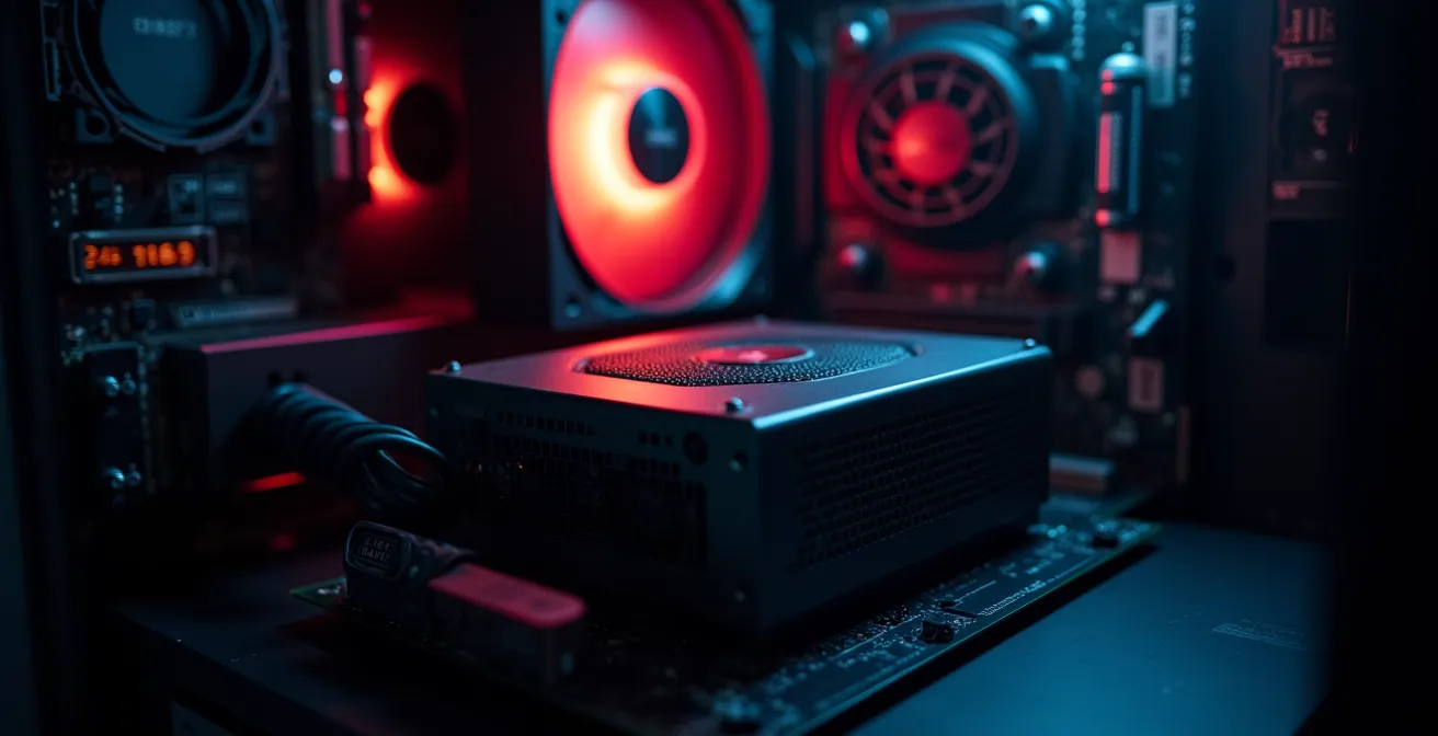 Unité d'alimentation PC entourée de composants informatiques avec un éclairage doux mettant en valeur la stabilité et la protection.