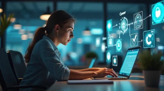 Image symbolique d'une personne utilisant un ordinateur portable avec des icônes de certifications et formations en ligne flottant autour.