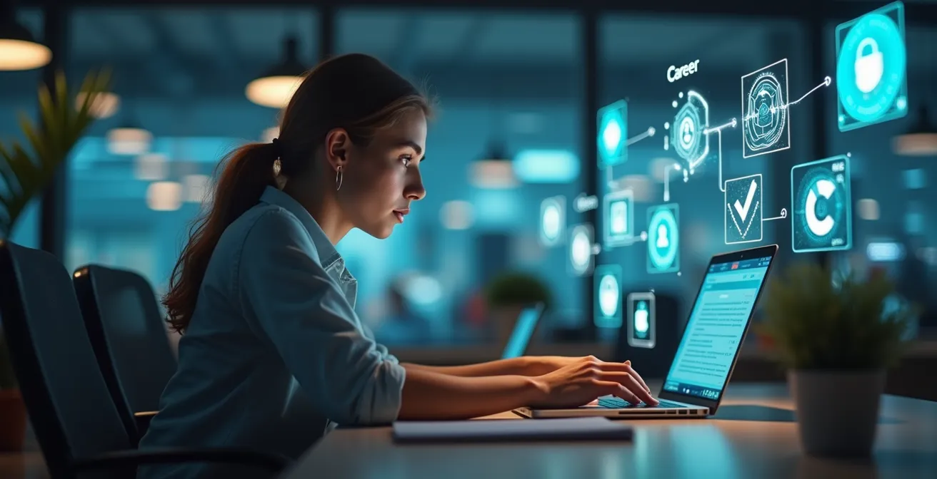 Image symbolique d'une personne utilisant un ordinateur portable avec des icônes de certifications et formations en ligne flottant autour.