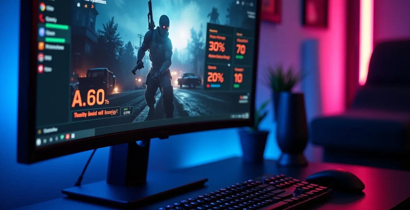 Interface de monitoring MSI Afterburner montrant l'utilisation GPU et CPU avec indicateurs visuels de bottleneck