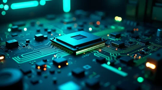 Illustration symbolique montrant un ordinateur avec des flux lumineux entre le matériel et les logiciels, représentant un dialogue performant et sécurisé.