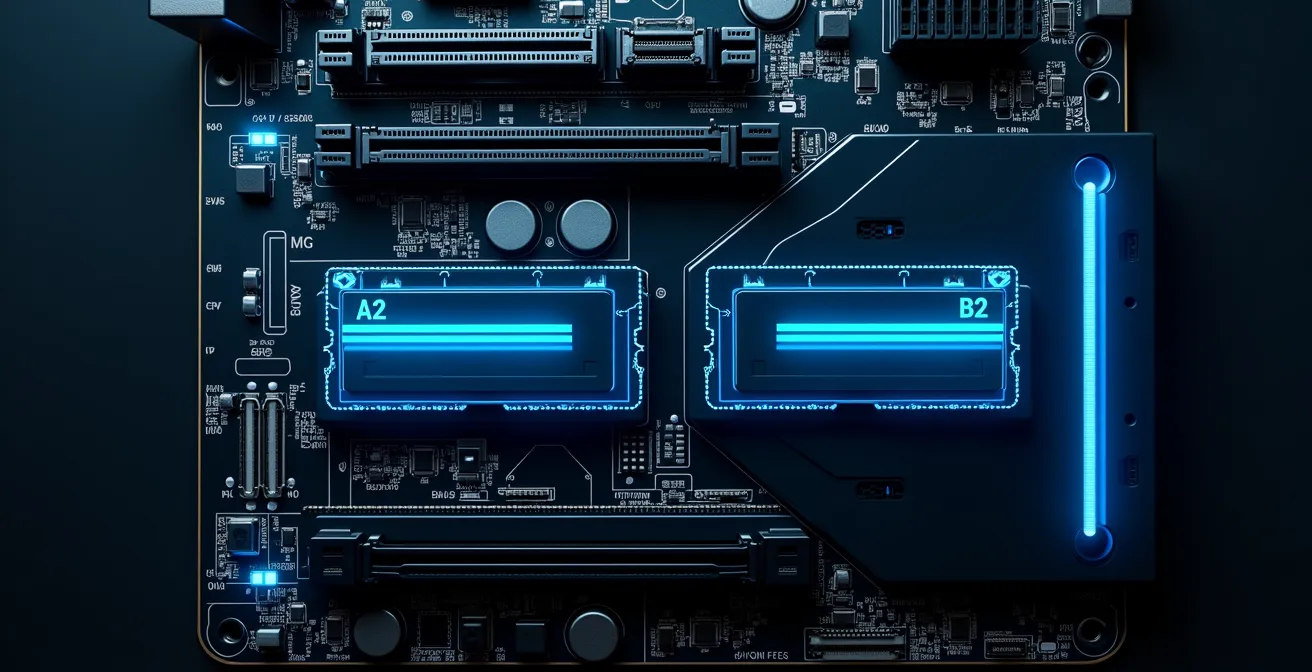 Schéma visuel simplifié d'une carte mère montrant les slots A2 et B2 en surbrillance pour l'installation optimale du Dual Channel