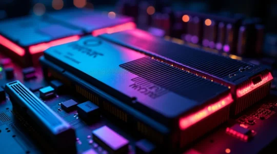 Barrettes de RAM gaming haute performance éclairées avec effets visuels numériques évoquant la vitesse et les FPS