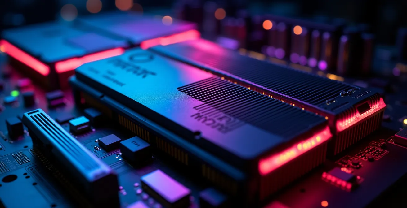 Barrettes de RAM gaming haute performance éclairées avec effets visuels numériques évoquant la vitesse et les FPS