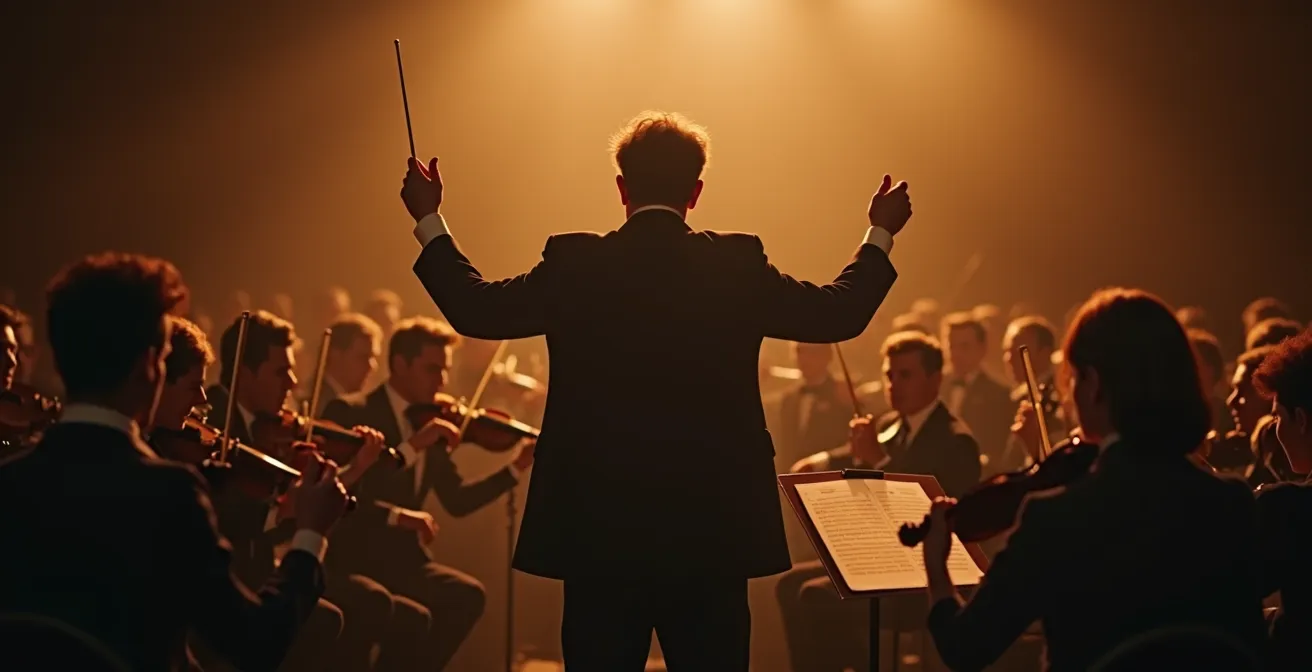 Illustration métaphorique d'un chef d'orchestre dirigeant un orchestre représentant les processus informatiques prioritaires.