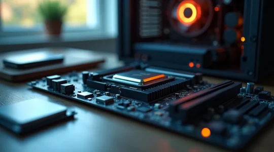 Un ordinateur PC sur mesure en cours d'assemblage avec des composants modernes visibles sur un bureau bien éclairé