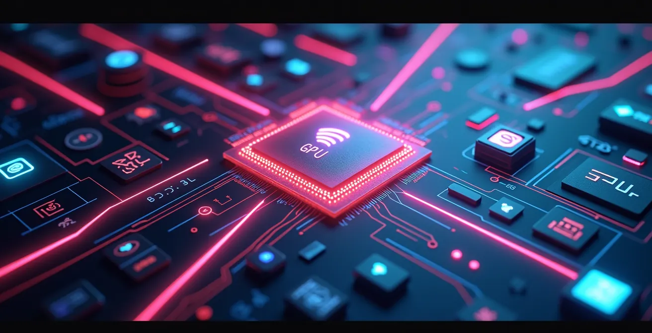 Schéma créatif montrant l'accélération CUDA dans des logiciels comme Adobe et DaVinci Resolve, avec des représentations symboliques de rendus rapides et fluides