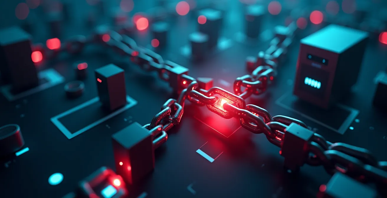Illustration d'un réseau informatique d'entreprise avec un appareil défaillant mettant en danger l'ensemble de l'infrastructure