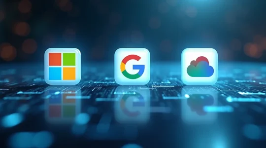 Illustration symbolique montrant trois suites bureautiques Microsoft 365, Google Workspace et LibreOffice en compétition, avec des icônes représentant la collaboration, la productivité et l'intelligence artificielle.