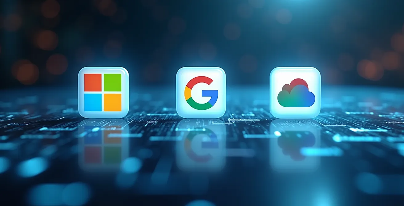 Illustration symbolique montrant trois suites bureautiques Microsoft 365, Google Workspace et LibreOffice en compétition, avec des icônes représentant la collaboration, la productivité et l'intelligence artificielle.