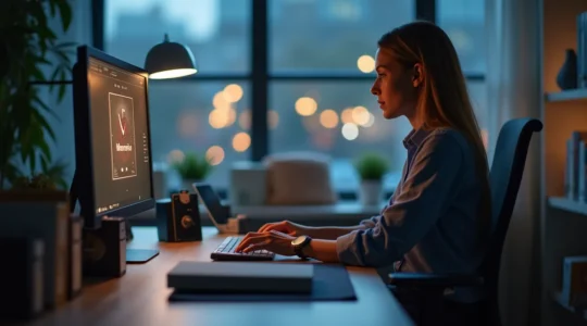 Un utilisateur devant son ordinateur organisé, avec une horloge numérique affichant le gain de temps