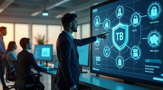 Illustration représentant une stratégie informatique efficace avec des ordinateurs et des outils de gestion en harmonie