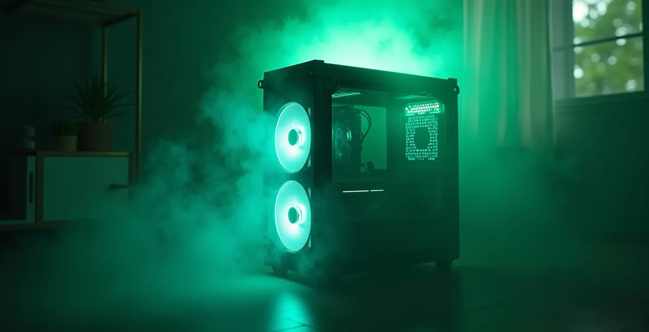 Illustration d'un PC avec un mode éco activé et des réglages cachés dévoilant sa puissance