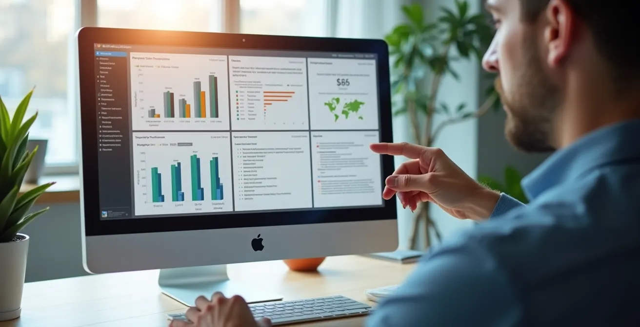 Illustration d'un écran d'ordinateur affichant un portfolio technique avec des projets détaillés, graphiques de résultats et extraits de code.