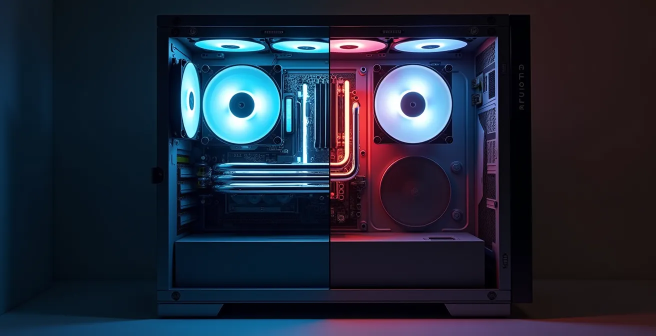 Image comparant un système de refroidissement par air et un système de watercooling dans un boîtier de PC moderne avec effets de lumière symbolisant chaleur et efficacité