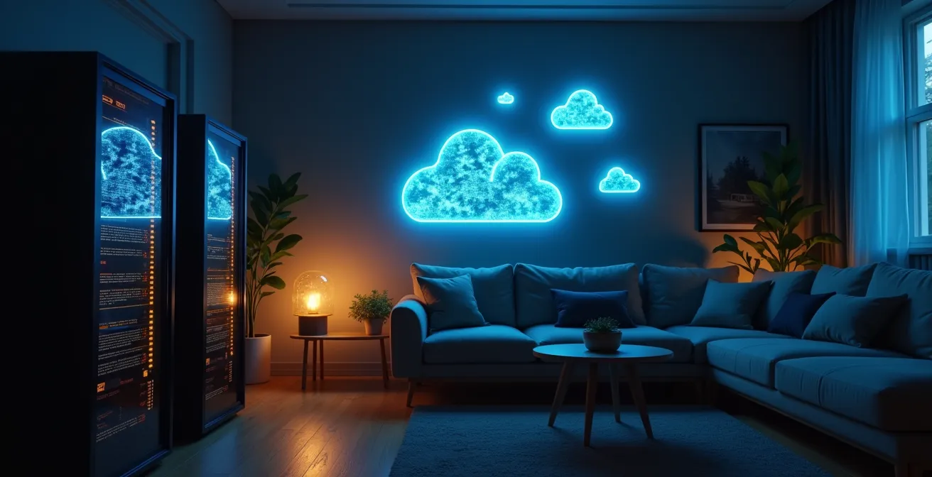 Illustration comparant un serveur local performant dans une maison face à des clouds virtuels dans le ciel