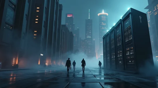 Illustration symbolique d'une armée de petites technologies innovantes surpassant des géants technologiques imposants de manière métaphorique