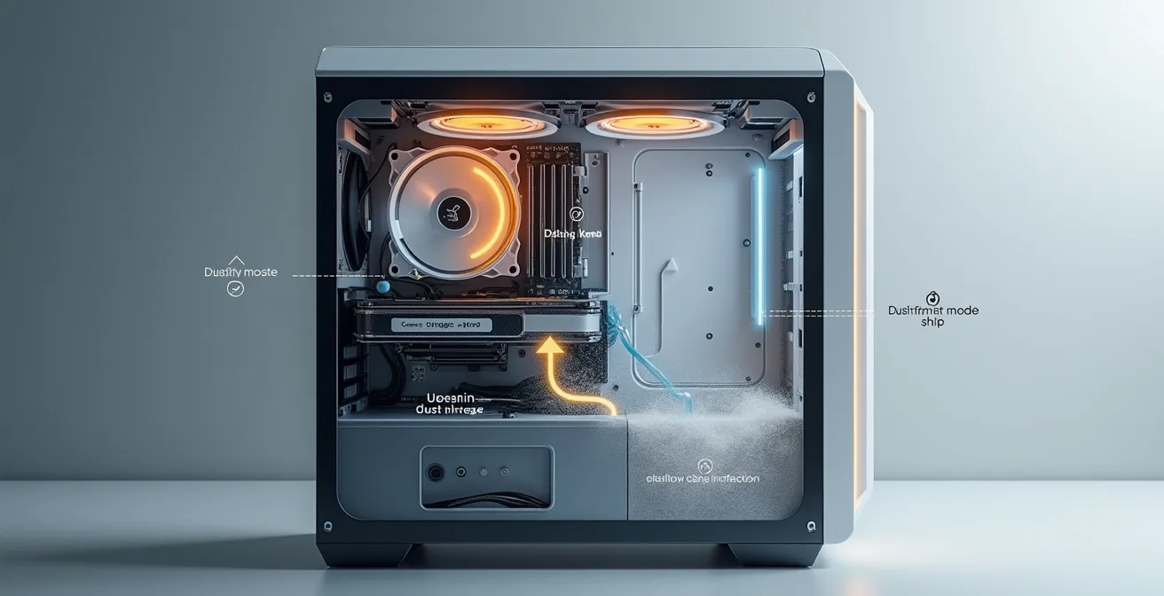 Illustration schématique montrant la différence entre pression d'air positive et négative dans un boîtier PC