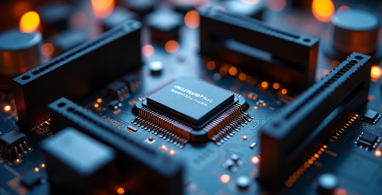 Schéma détaillé d’un VRM de carte mère montrant ses composants et son rôle dans la protection thermique du CPU
