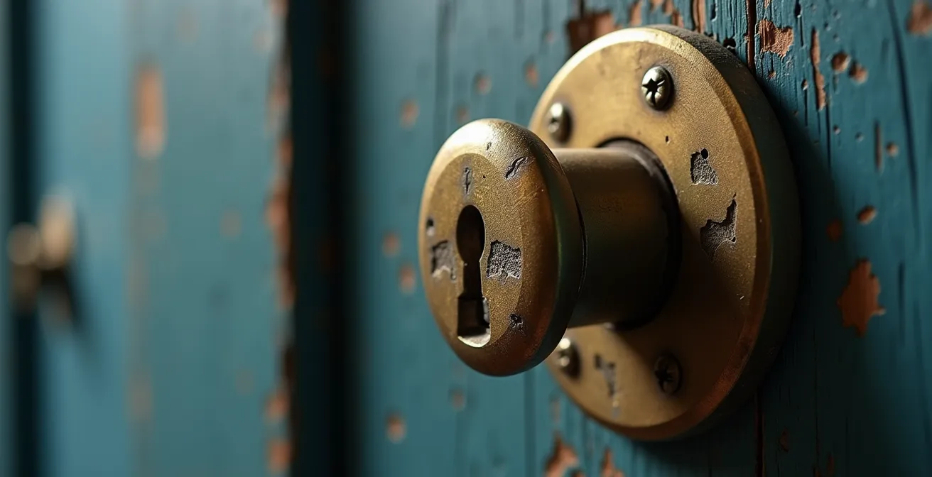 Vue macro détaillée d'une serrure de porte d'entrée française avec des traces subtiles d'effraction