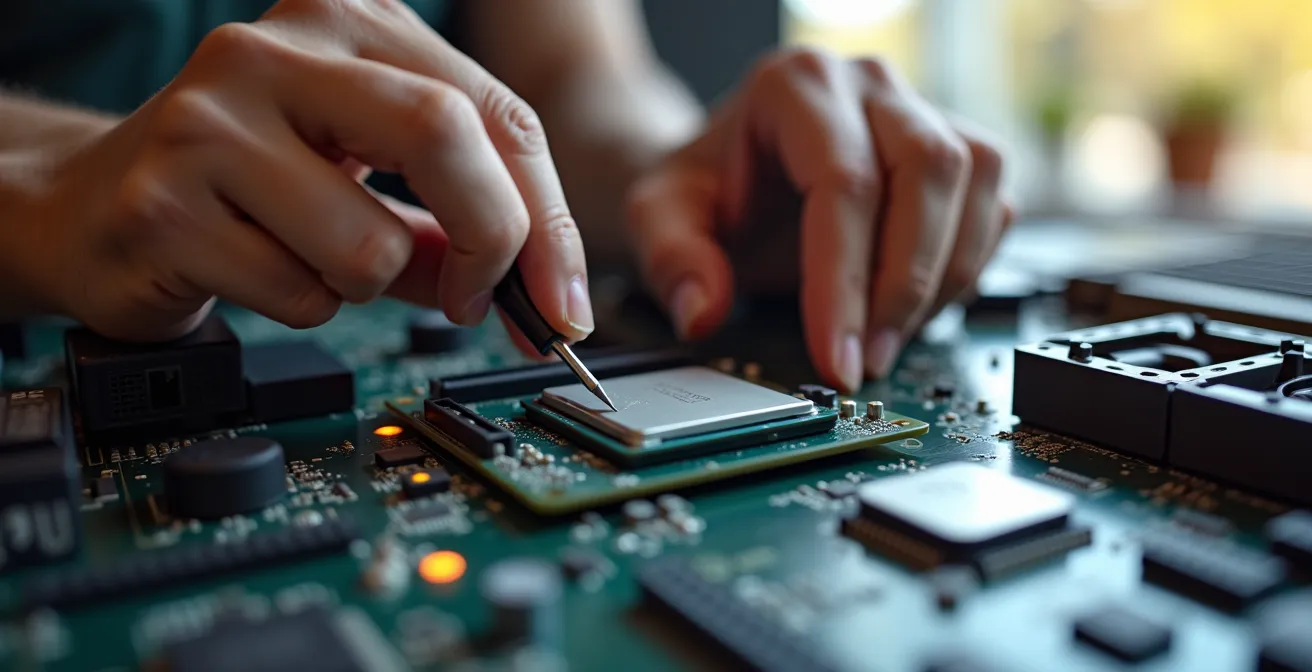 Mains assemblant délicatement un processeur sur une carte mère avec outils professionnels