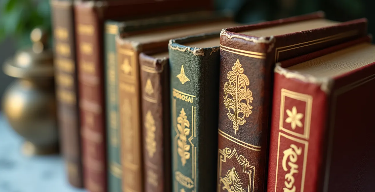 Composition artistique de livres techniques fermés avec reliures abstraites dans un environnement d'étude français