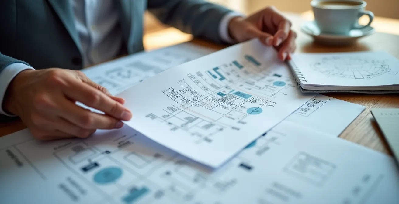 Gros plan sur des mains analysant des documents techniques avec des schémas d'architecture système