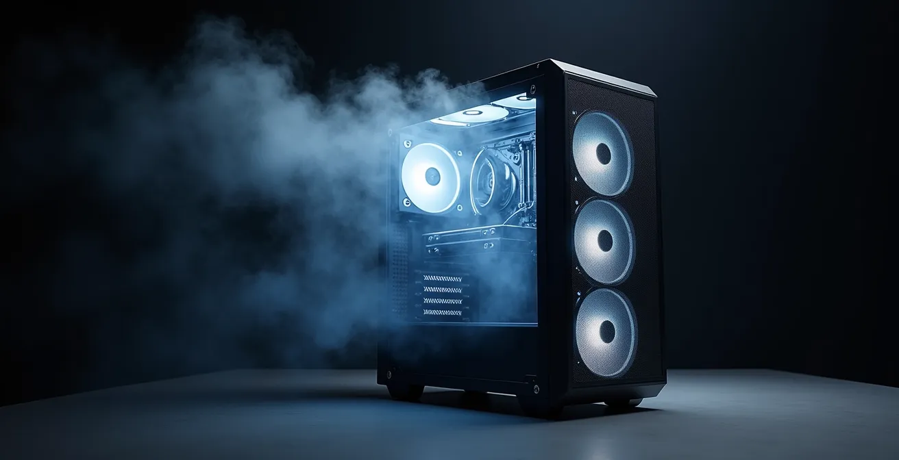 Boîtier PC moderne avec panneaux mesh montrant le flux d'air et l'organisation interne