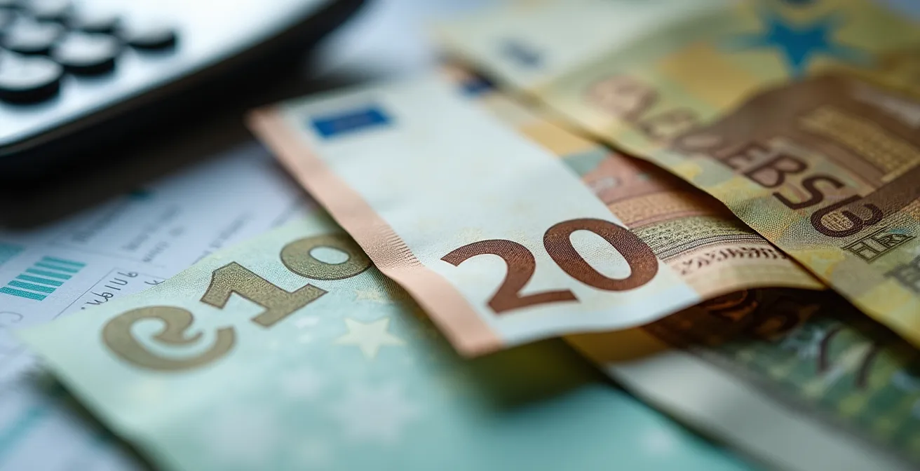 Vue macro de billets euros et calculatrice avec courbes de croissance floues en fond