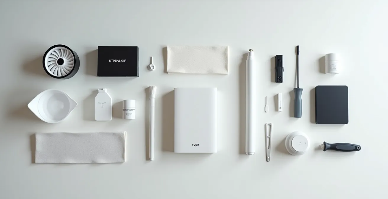 Vue aérienne d'un bureau organisé avec des outils de maintenance informatique méthodiquement disposés.