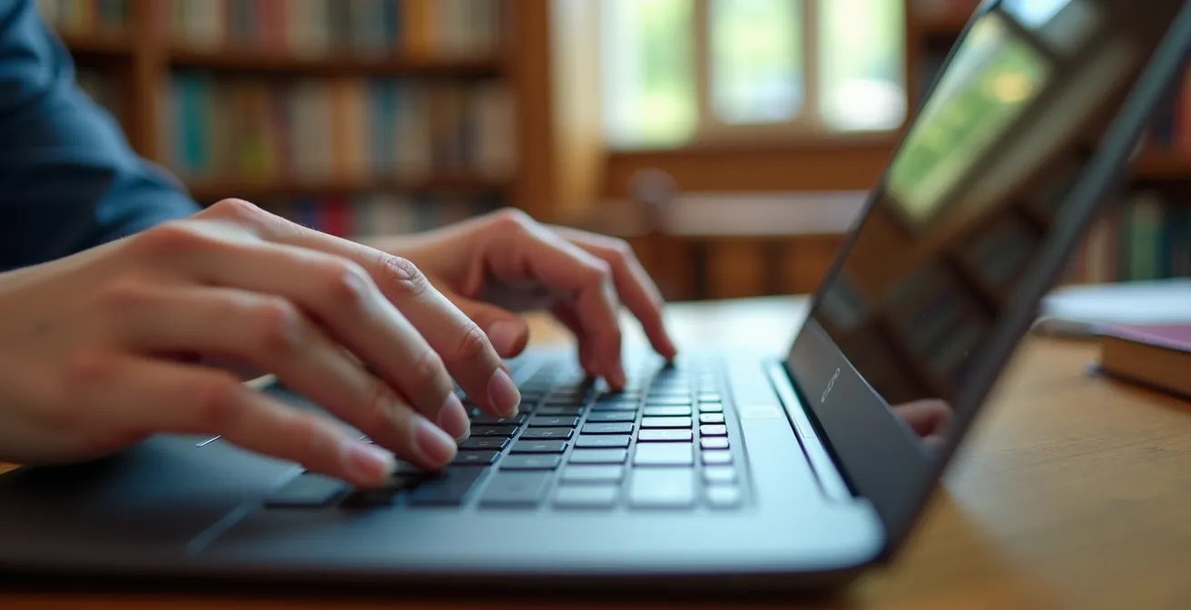 Étudiant utilisant un Chromebook dans une bibliothèque universitaire française