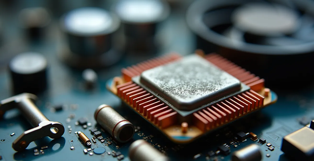 Vue macro détaillée de composants d'ordinateur, mettant en évidence la texture de la pâte thermique et les connecteurs.