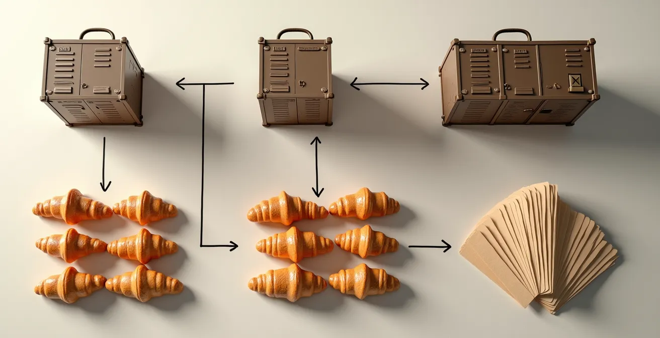 Métaphore visuelle des concepts de programmation avec des casiers de gare pour les variables, des croissants en rangées pour les boucles et des menus de restaurant pour les conditions.