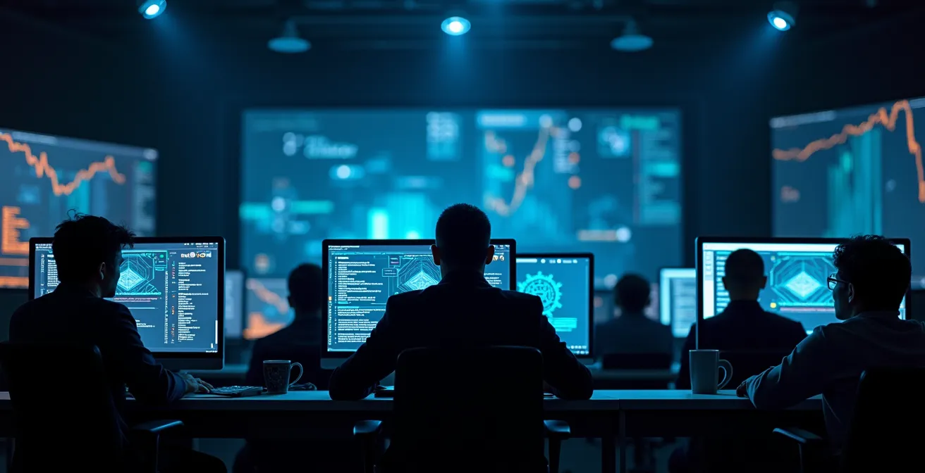 Centre de surveillance cybersécurité avec multiples écrans de monitoring dans une infrastructure française