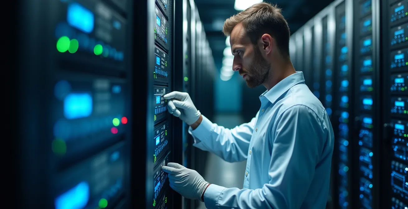Technicien de maintenance travaillant dans les allées d'un datacenter moderne avec rangées de serveurs