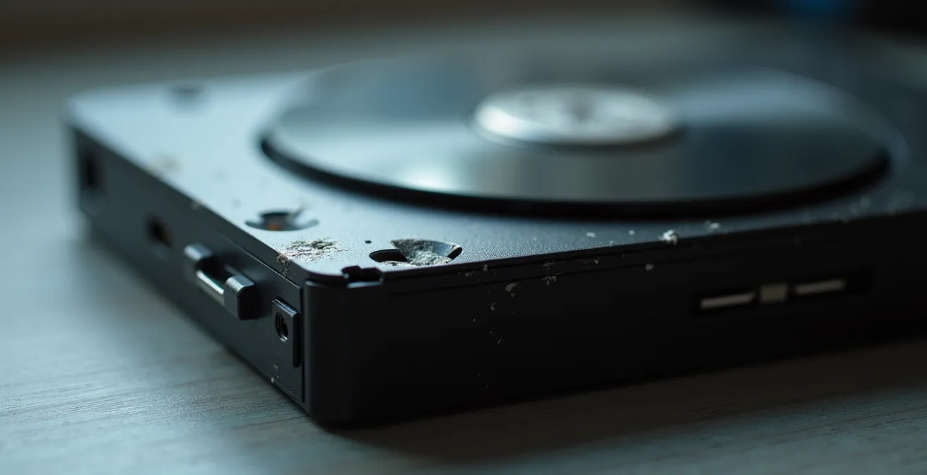 Disque dur externe en équilibre précaire au bord d'un bureau