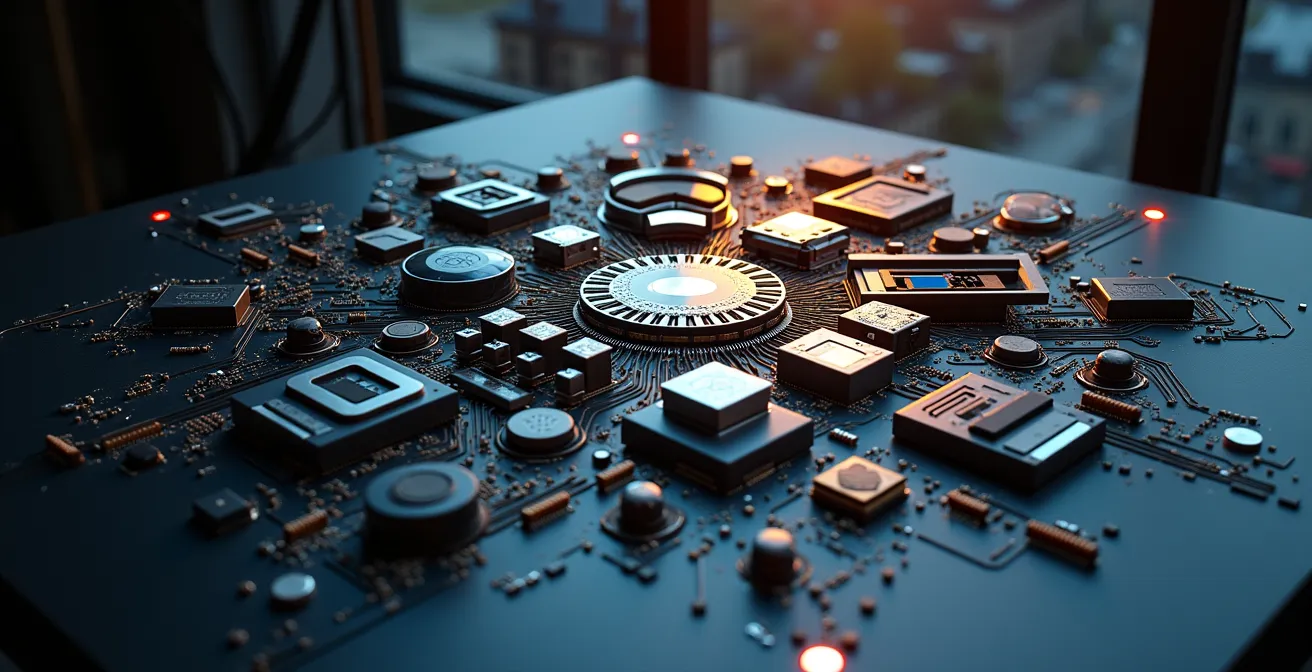 Vue aérienne stylisée d'un réseau interconnecté représentant les différents acteurs de la tech française