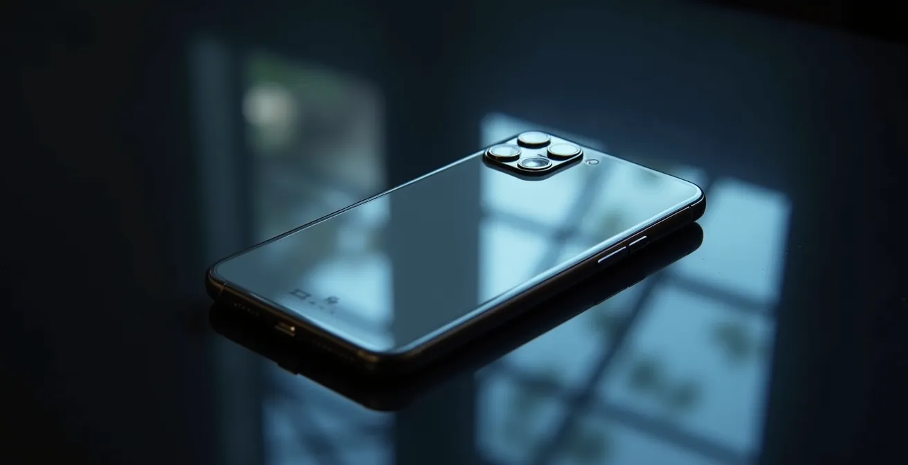 Perspective artistique d'un smartphone vu de dos avec reflets lumineux abstraits suggérant des chemins alternatifs