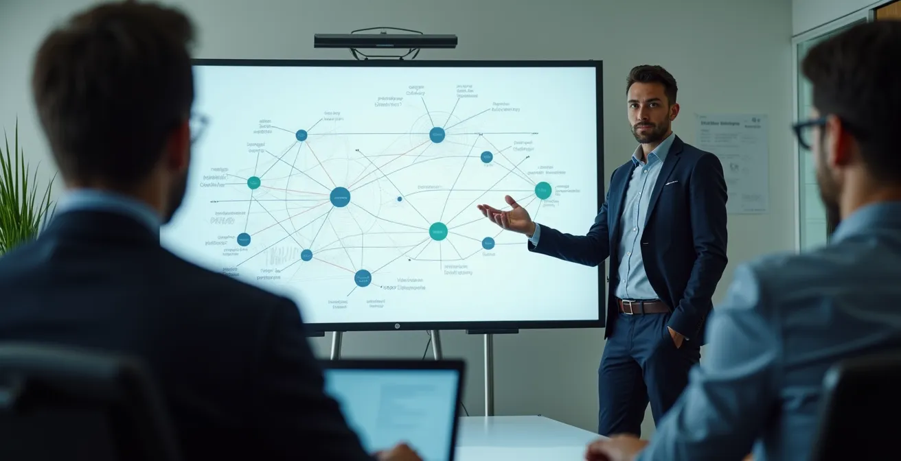 Candidat développeur expliquant une architecture système sur tableau blanc lors d'un entretien