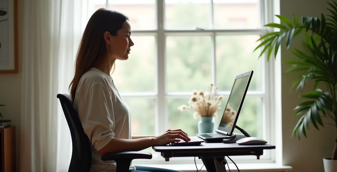 Personne travaillant avec une posture ergonomique correcte dans un espace de coworking lumineux